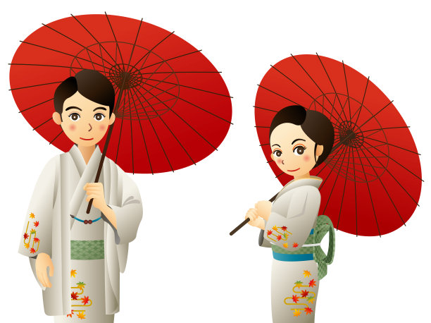 穿着传统日本服装和服的夫妇。白色背景。图片下载