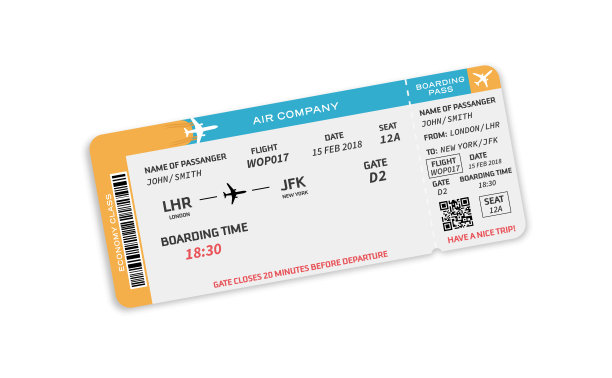 现代和现实的机票设计与航班时间和乘客名称。图片下载