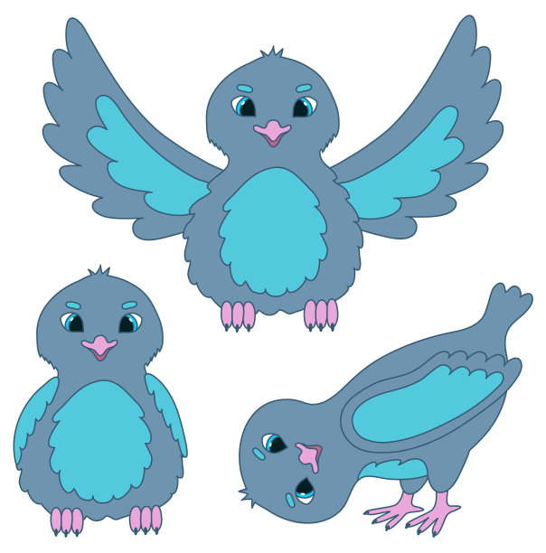 设置灰蓝色的鸟在平面风格。向量illustraion图片下载
