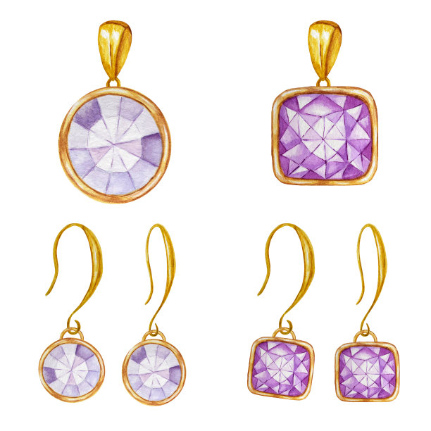 珠宝两套耳环和吊坠。紫色方形和圆形水晶宝石与黄金元素。美丽的水彩画与水晶金色链在白色的背景。图片下载