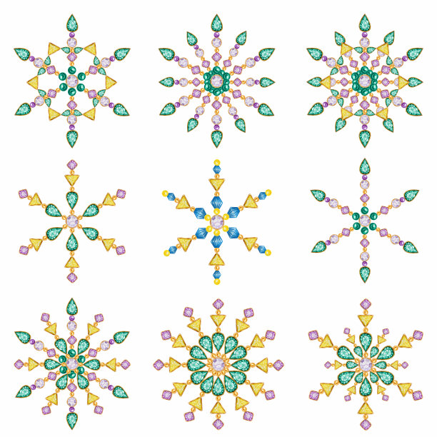 水彩圣诞水晶雪花集。色彩艳丽艳丽的首饰、胸针、颈饰。时尚璀璨，贴花水钻。新年贺卡的设计理念。图片下载