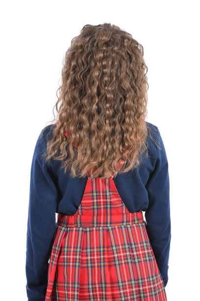 后视图的女孩与卷发。孤立在白色的。图片下载