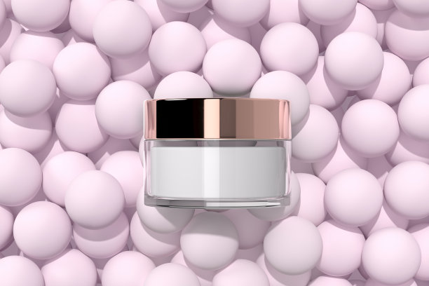 天然有机化妆品面霜模型。玻璃化妆品产品与金色的帽子在抽象的粉红色背景俯视图。水疗和美容概念。现实的3 d演示。空白的模板。平的。图片下载