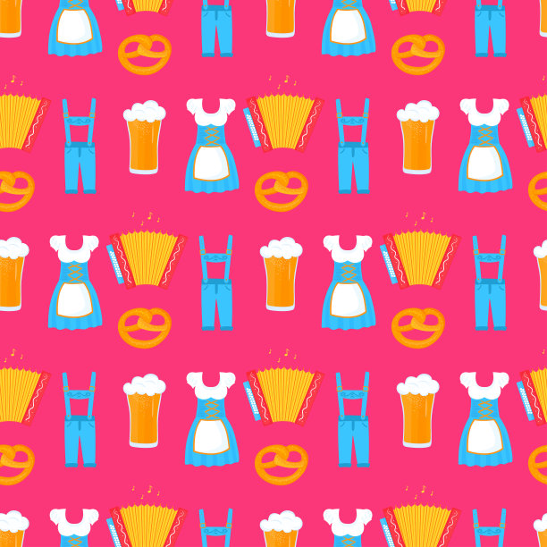 慕尼黑啤酒节-巴伐利亚节日无缝模式。传统的德国女人的紧身连衣裙和男人的皮短裤。啤酒,椒盐卷饼,手风琴。图片下载