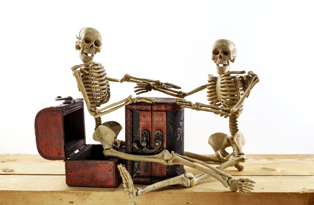 骷髅海盗坐在一个宝箱和旧木地板孤立在白色背景图片下载