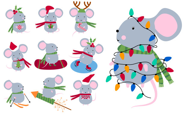 老鼠，老鼠的星座。中国鼠年2020。老鼠新年快乐。圣诞节大集合。象征中国农历新年2020的概念形象图片下载
