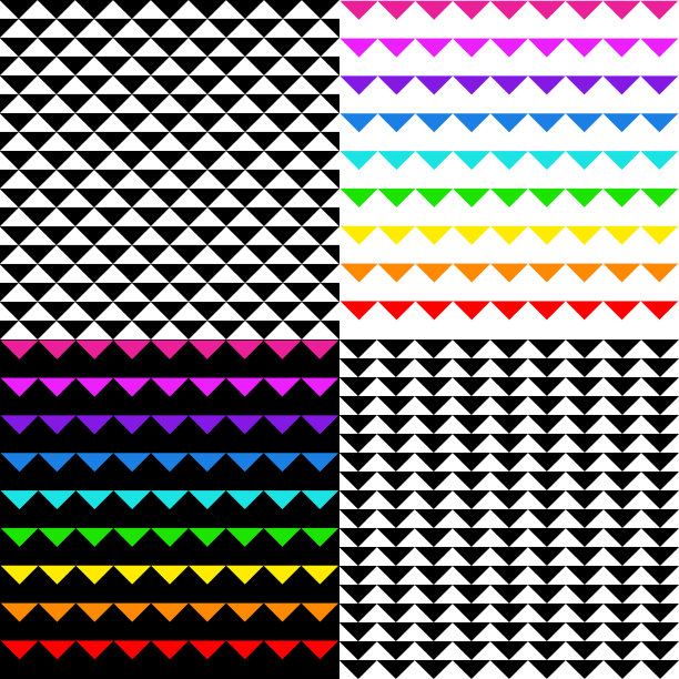 4个简单的几何形状网格三角形无缝图案，交叉线。向量可重复的图片下载