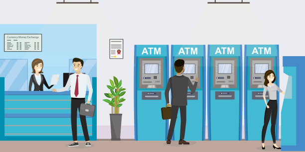 人内银行、办公室室内设计。与商业人士在atm和终端的概念。图片下载