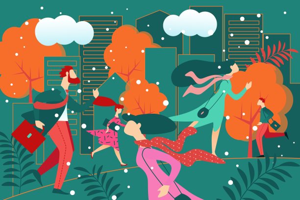 卡通忙碌男人和匆忙的女人在城市街道上行走图片下载