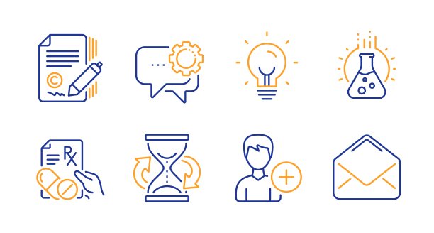 沙漏，能量和处方药图标集。员工信使，化学实验室和添加人员标志。向量图片下载