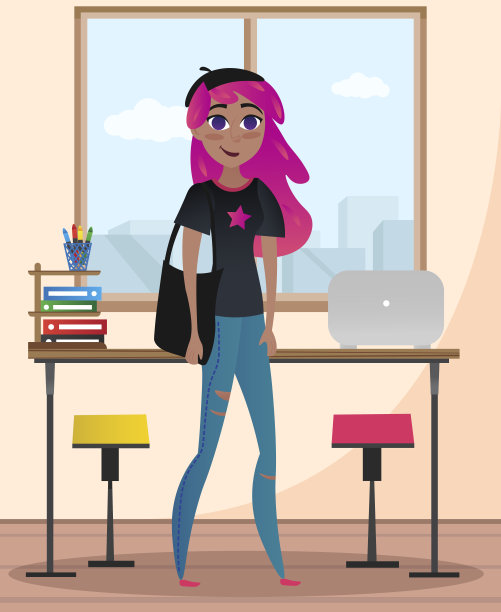 在办公室工作的粉色头发创意女设计师图片下载