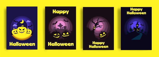 万圣节快乐卡片，矢量剪纸插图图片下载