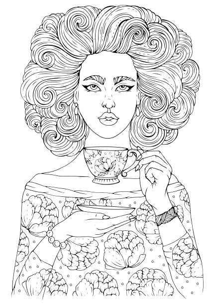 矢量手画女孩在复古风格与发型卷发。印刷衬衫牡丹。迷人的模特拿着一个碟子，喝着热茶，咖啡。成人观赏着色页。设计卡图片下载