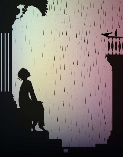 梦下了雨，男孩正坐在楼梯上，看着雨里的鸽子、影子、向量图片下载