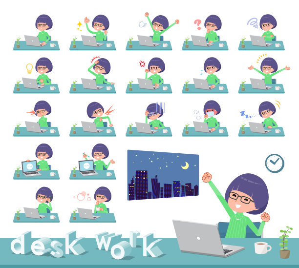 扁平型绿色衣服眼镜女孩-办公室工作图片下载