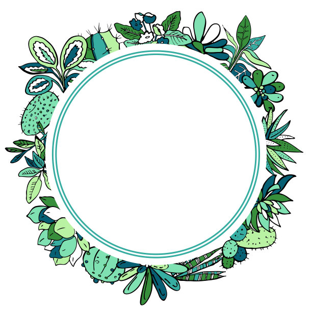 圆形框架设计模板与室内植物，仙人掌和多肉植物。矢量颜色手绘轮廓草图插图图片下载