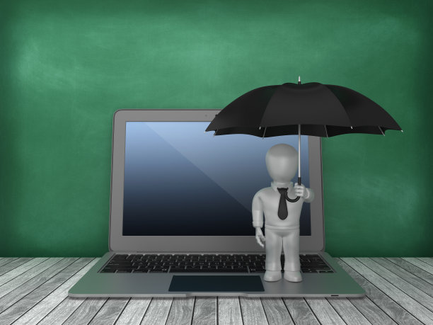 笔记本电脑与业务字符和伞在黑板背景- 3D渲染图片下载