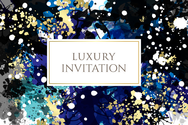奢华邀请与水墨飞溅质感。抽象艺术背景与黑色，蓝色和金色油漆设计元素。图片下载