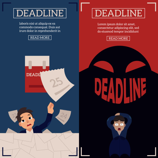 截止日期和时间管理横幅设置了过度工作和害怕的商人。图片下载