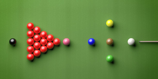 斯诺克球放在绿色的毛毡上，从上面俯瞰。三维演示图片下载