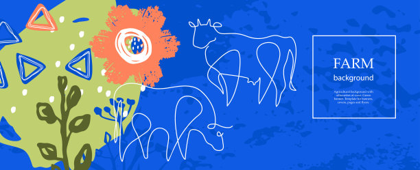 水平农业旗帜。用一条线画的牛。图片下载