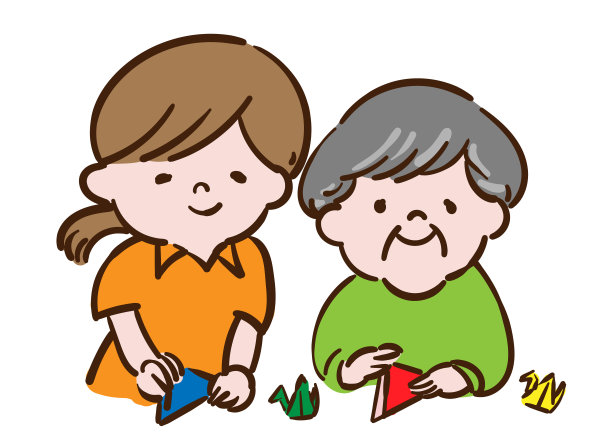 护工，工作人员和奶奶一起折纸图片下载