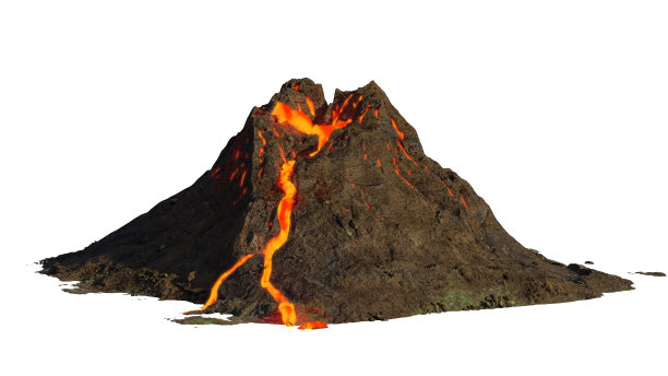 火山喷发，熔岩下山，孤立在白色背景(3d科学插图)图片下载