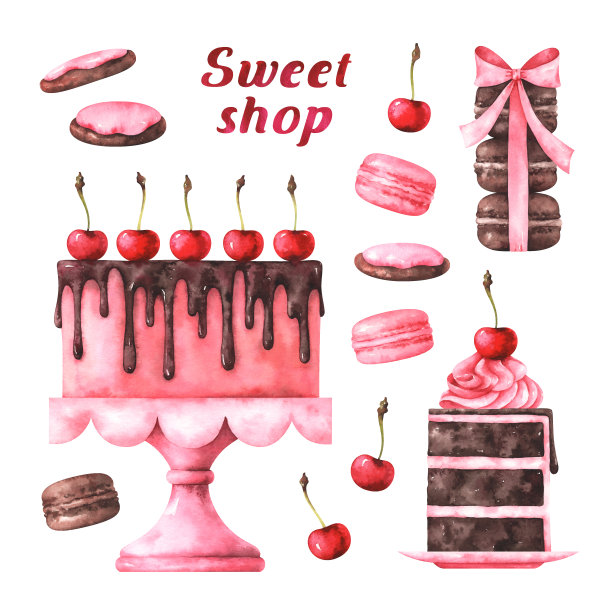 巧克力蛋糕，杏仁饼干和饼干的水彩画图片下载