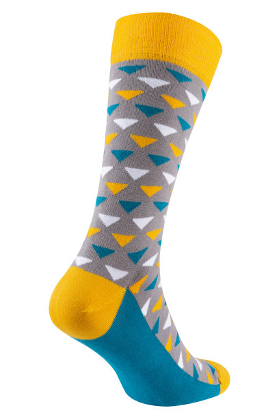 组合色的袜子，黄色，灰色和绿松石色，白色背景，垂直，背部图片下载