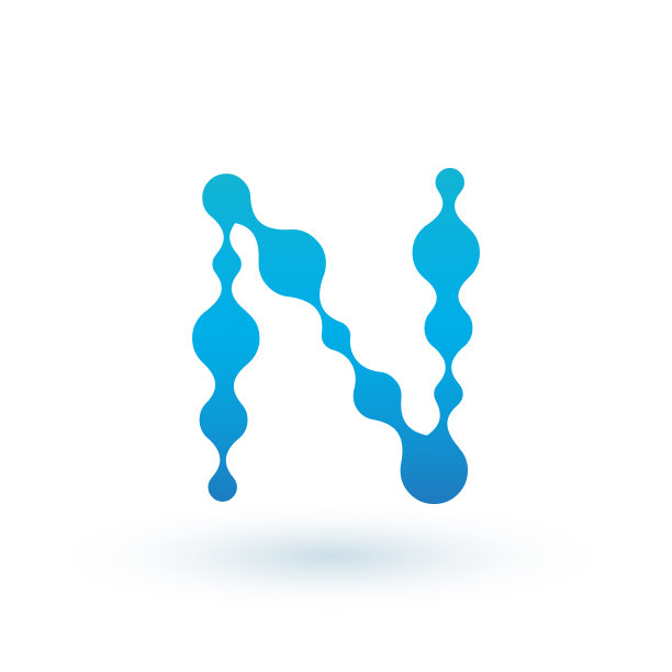 水分子首字母N标志设计，流体液体设计元素与点和阴影。股票矢量插图孤立在白色背景。图片下载