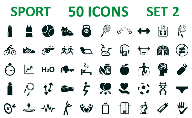 设置2 50个孤立的图标运动-健身。健身锻炼，体育锻炼训练插图-股票向量图片下载