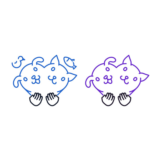 爱的宠物轮廓图标，狗和猫的形式的心符号，是由人的手孤立的白色背景图片下载