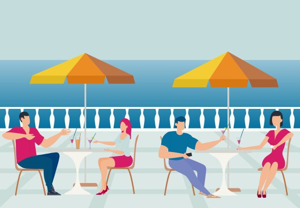 夏天的一天。海边的咖啡馆。平坦的插图。图片下载