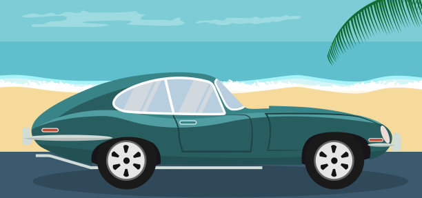 夏日沙滩上停着一辆老爷车的背景图片下载