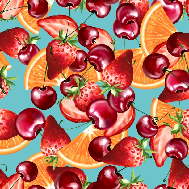 橙色，草莓和樱桃的无缝图案图片下载