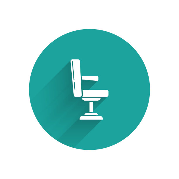 白色理发店椅子图标孤立与长影子。理发椅的迹象。绿色圆圈按钮。矢量图图片下载