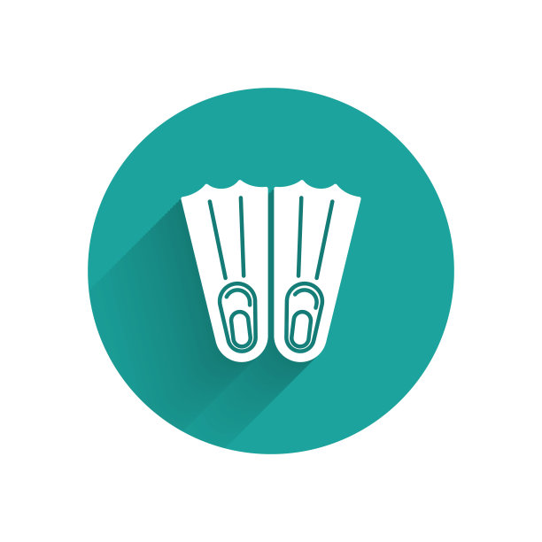 白色橡胶鳍状游泳图标孤立与长影子。潜水设备。极限运动。运动设备。绿色圆圈按钮。矢量图图片下载