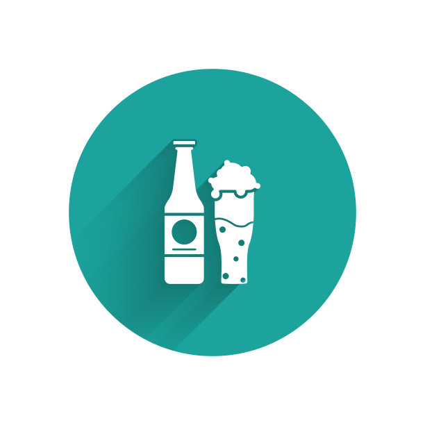 白色啤酒瓶和玻璃图标孤立与长影子。含酒精的饮料的象征。绿色圆圈按钮。矢量图图片下载