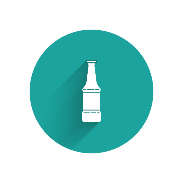 白色啤酒瓶图标孤立与长影子。绿色圆圈按钮。矢量图图片下载