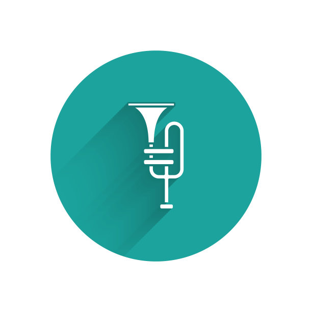 白色乐器喇叭图标孤立有长长的阴影。绿色圆圈按钮。矢量图图片下载