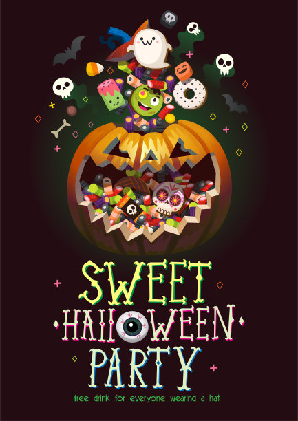 彩色万圣节矢量海报为一个派对。满是糖果的南瓜，带着吓人的笑脸。图片下载