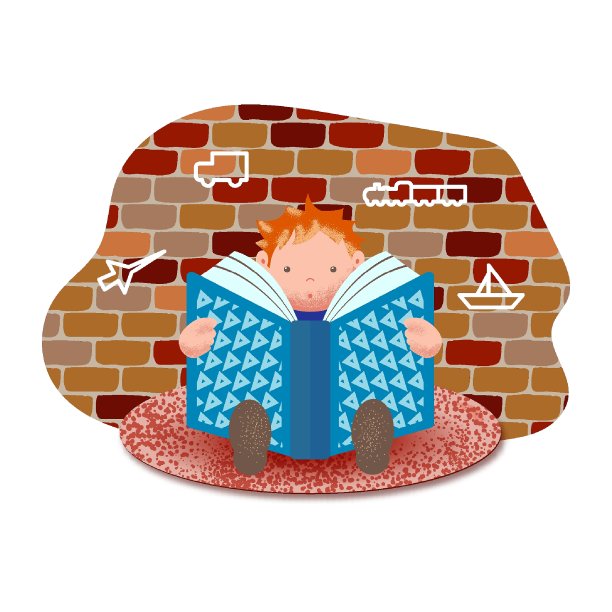 小男孩正坐在贴着画的砖墙的地毯上看书。家庭教育。孩子读。矢量插图。图片下载