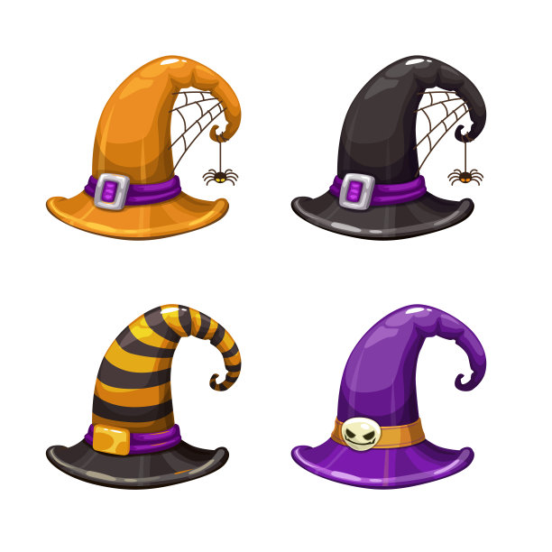 卡通女巫帽，彩色图标集。万圣节服装元素图片下载