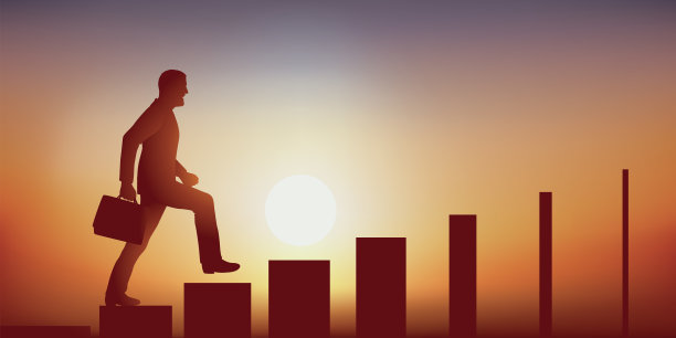 象征着获得领导地位的困难，一个男人象征性地爬上楼梯，楼梯狭窄。图片下载