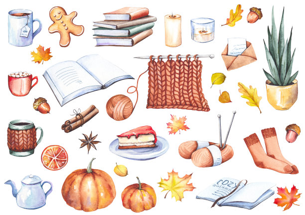 舒适的家里收藏。一套Hygge元素，蜡烛，书籍，咖啡杯，南瓜，针织纱线，室内植物和秋天的叶子。图片下载