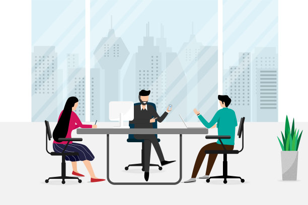 分析部门的一群金融营销人员正在开会讨论战略业务。会议室内部，透过窗户可以看到城市景观。矢量插图在平面风格图片下载