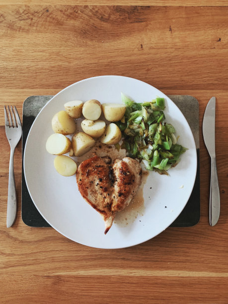 烤鸡配炒韭菜和蒸新土豆图片下载