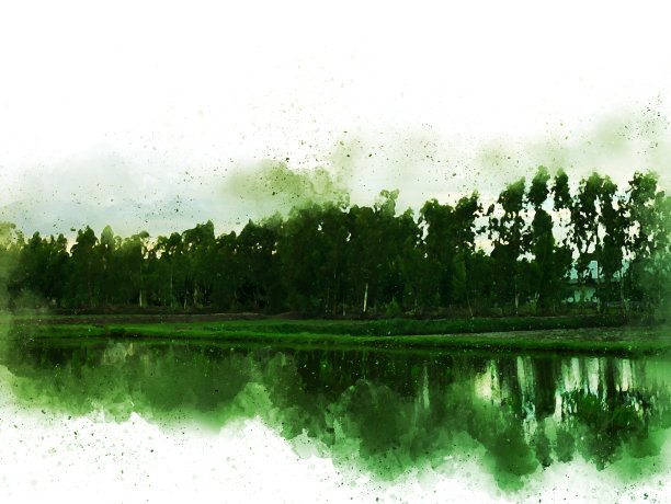 抽象彩色形状上的树和田野风景水彩插图绘画背景。图片下载