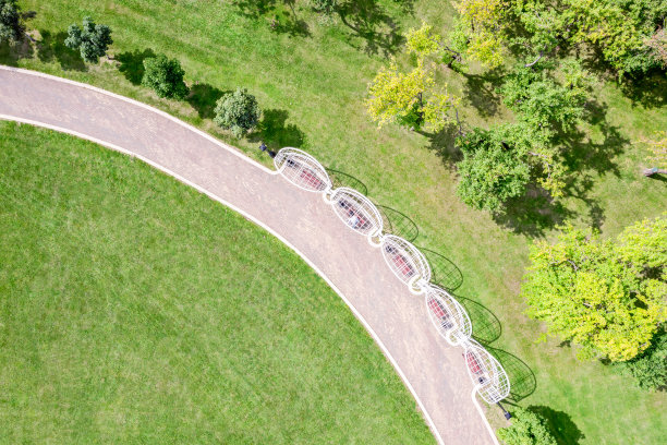 鸟瞰图公园景观与树木，绿色草坪和步行道图片下载