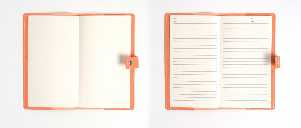 顶视图空白橙色皮革日记在白色书桌上图片下载